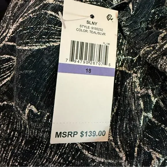 SL Fashions Metallic Print Blouson-Sleeve High-Low Gown Teal Silver Sz 18 - Picture 7 of 9